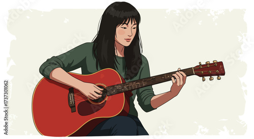 Illustration of a Woman Playing a Red Acoustic Guitar