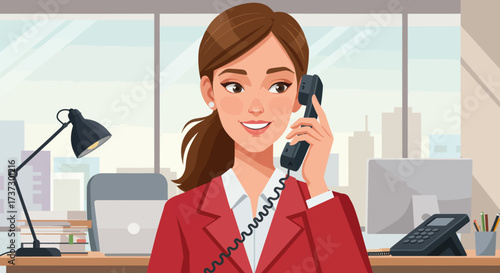 Smiling businesswoman in a red blazer with a ponytail talking on a landline telephone.