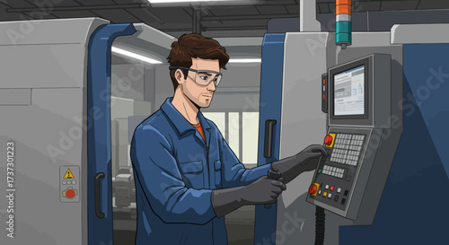 Illustrated male factory worker in blue overalls and safety goggles operating a CNC machine control panel.