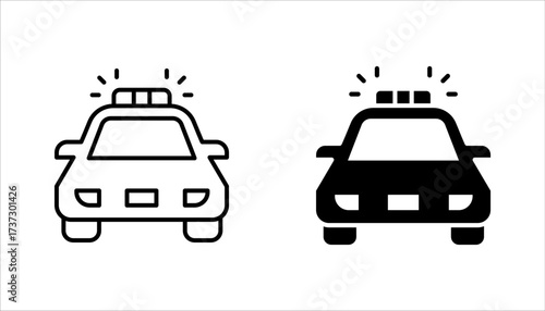Police car icon set. Black car with siren light icon, vector illustration on white background