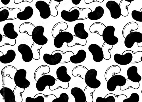 Seamless pattern of black and white beans, some outlined, scattered across a white background, creating a repeating design.