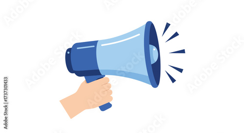 Hand holding a blue and light blue megaphone with sound waves.