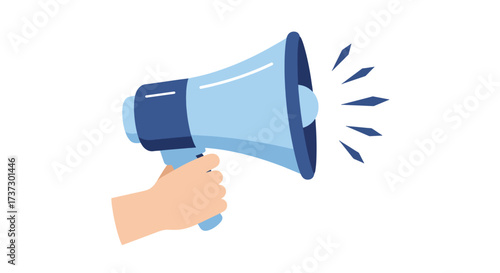 Hand Holding Blue Megaphone Announcing Loudly.