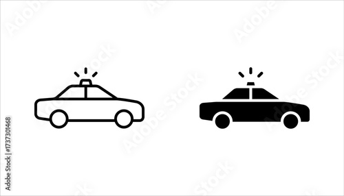 Police car icon set. Black car with siren light icon, vector illustration on white background