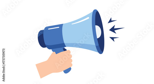 Hand Holding Blue Megaphone Announcing with Sound Waves.