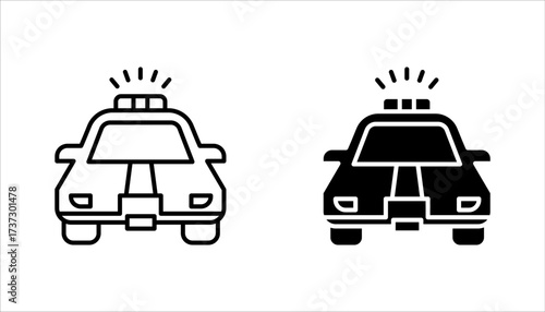 Police car icon set. Black car with siren light icon, vector illustration on white background