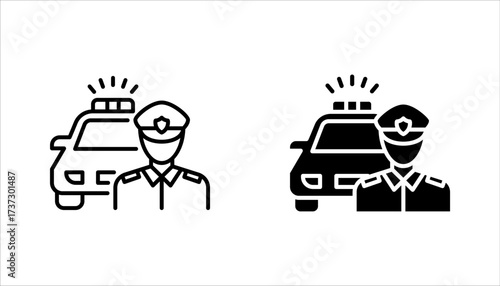 Police car icon set. Black car with siren light icon, vector illustration on white background