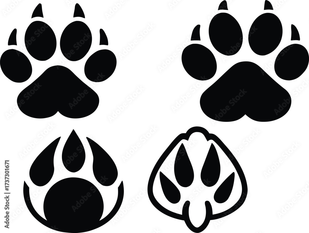 Fototapeta premium Collection of four black animal paw prints icons