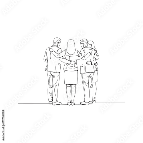 Continuous one line drawing of a diverse business team or group of friends standing together with arms around each other. Back view illustration of unity, support, and teamwork.