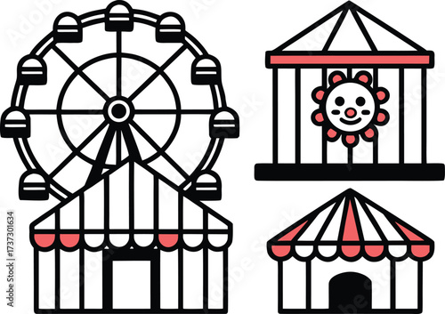 Amusement park attractions including a ferris wheel game booth and tent