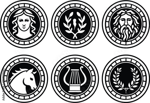 Collection of six circular ancient greek symbols and figures