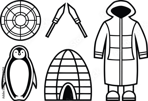 Collection of arctic and antarctic icons in a flat design style