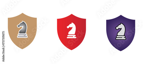 Set of knight chess shield badges in multiple colors, ideal for gaming, strategy logos, security emblems, or educational design use