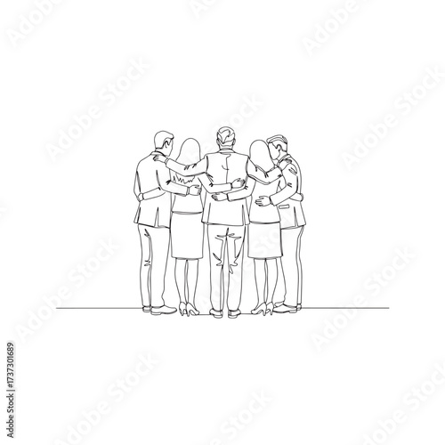 Continuous one line drawing of a diverse business team or group of friends standing together with arms around each other. Back view illustration of unity, support, and teamwork.