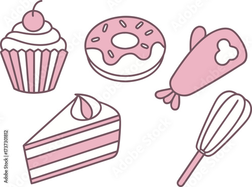 Cute kawaii baking icons with cupcake donut cake slice oven mitt and whisk
