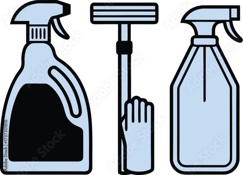 Cleaning supplies including spray bottles and a mop with a glove