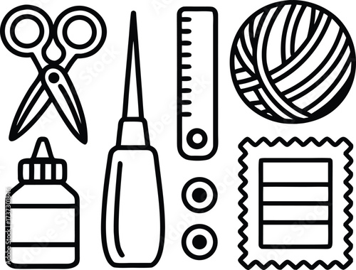 Collection of crafting and sewing tools and supplies