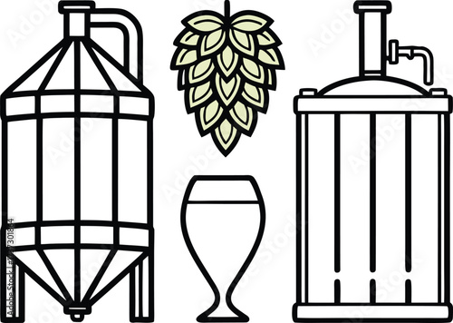 Brewery equipment and ingredients including tanks hops and beer glass