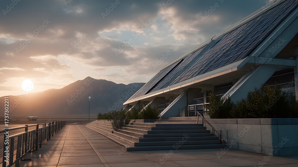 Fototapeta premium Modern Architecture with Solar Panels Near Mountain Landscape at Sunset