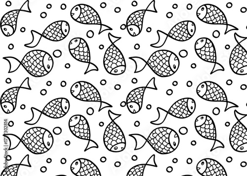 A repeating pattern of stylized fish swimming among bubbles, presented in a black and white line drawing style.