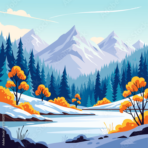 Vibrant winter landscape illustration featuring towering snow-capped mountains and frosty evergreen forests, offering a beautiful background with ample empty space for your creative designs