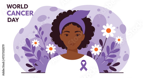 Woman with Purple Ribbon for World Cancer Day