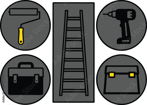 Collection of home renovation and diy tools including a ladder drill paint roller and toolboxes