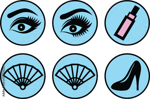 Set of six graphic icons representing beauty and fashion elements