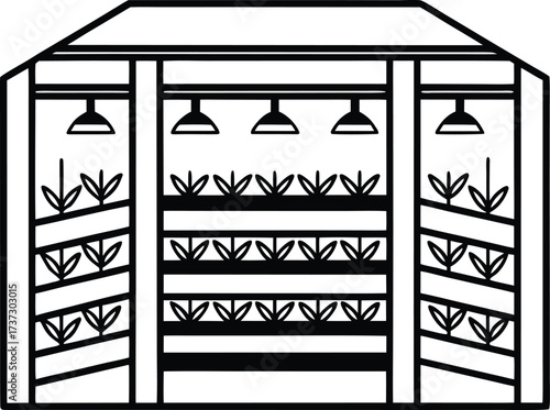 Vertical farming greenhouse with grow lights and shelves