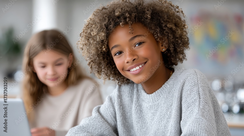 Fototapeta premium Smiling african female child and caucasian female child learning together