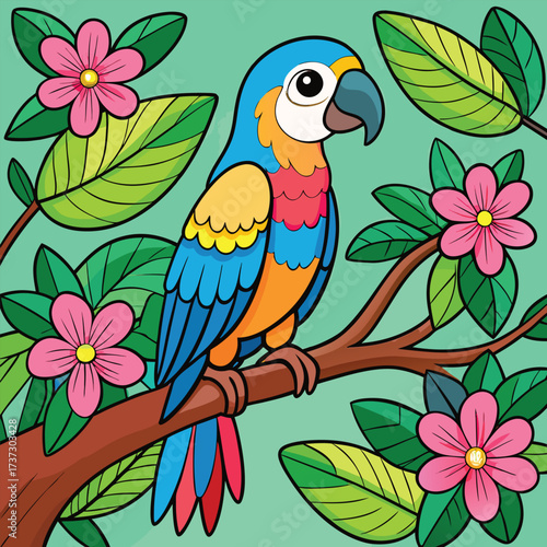 colorful parrot sitting on a branch with flowers