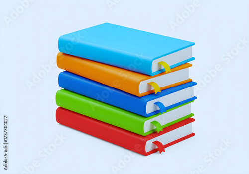A stack of five colorful hardcover books with bookmarks in blue orange navy green and red isolated on transparent background