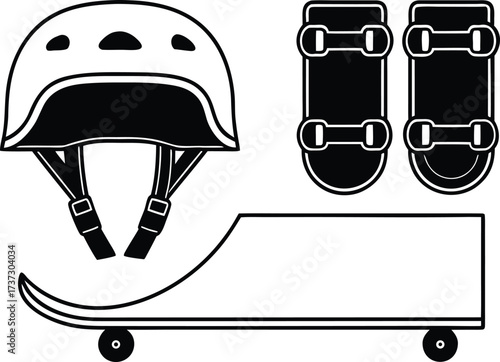 Black and white illustration of a skateboard helmet two skateboard decks and a skateboard ramp