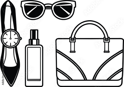 Fashionable accessories including a high heel shoe sunglasses perfume bottle and handbag