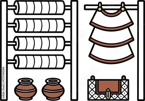 Illustration of ancient artifacts including pottery and textiles