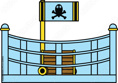 Pirate flag on a ship deck with cannon and railing