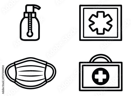 Medical icons set featuring hand sanitizer face mask first aid kit and star of life