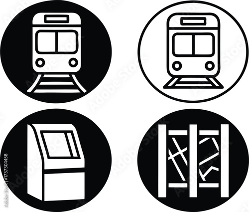 Set of four circular icons representing public transportation elements