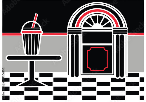 Retro diner scene with a milkshake and a jukebox