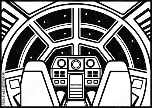 Stylized illustration of a spaceship cockpit with two seats and a control panel