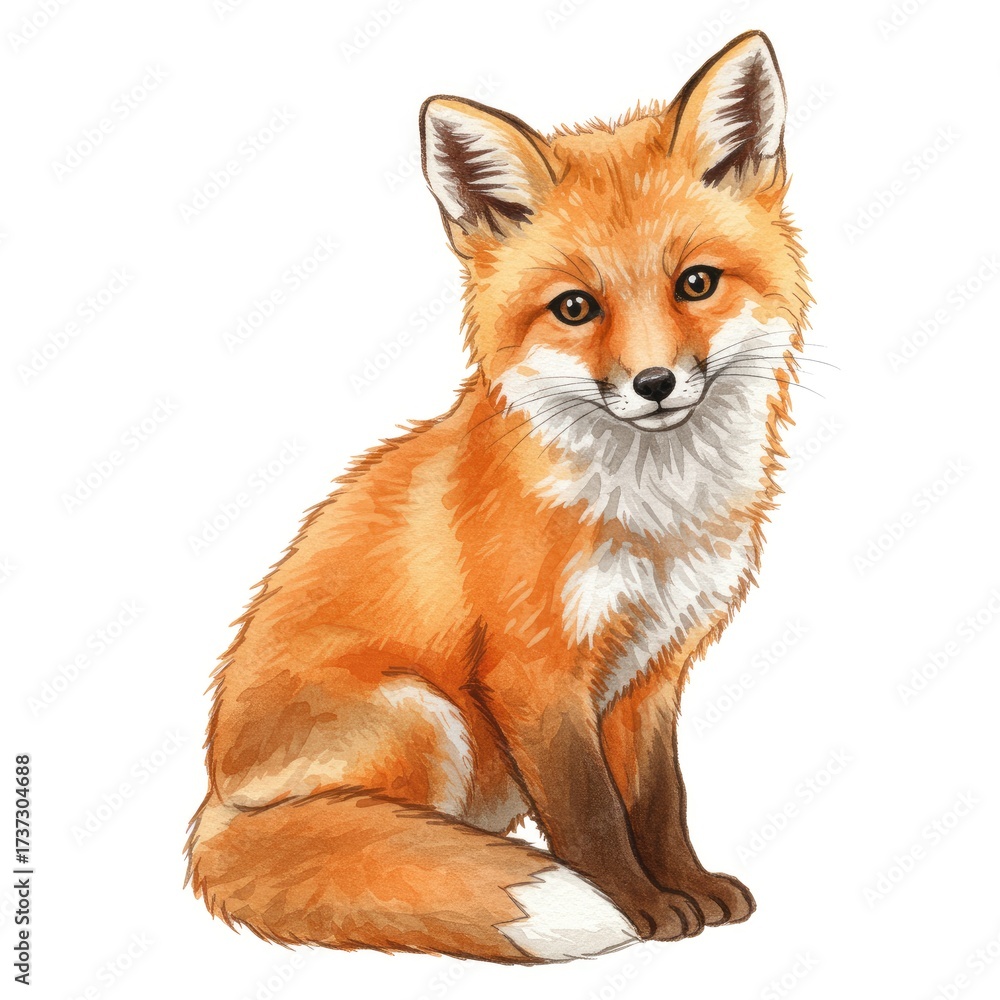 Obraz premium Watercolor Painting of a Red Fox illustration animal wildlife mammal portrait cute fur orange white isolated sitting nature art drawing