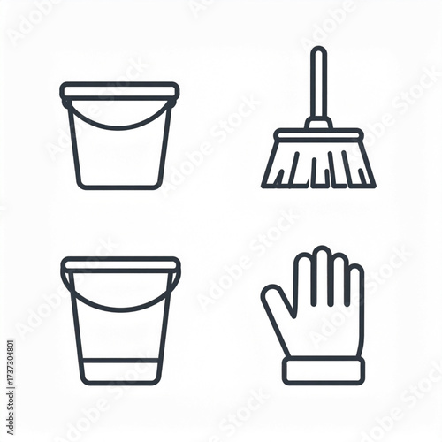 Vector illustration featuring a bucket, broom, and glove, representing cleaning supplies and household chores.