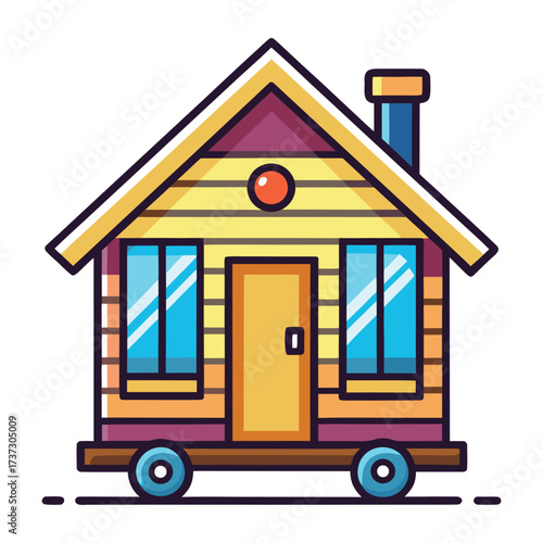 Cute Tiny House on Wheels Cartoon Illustration