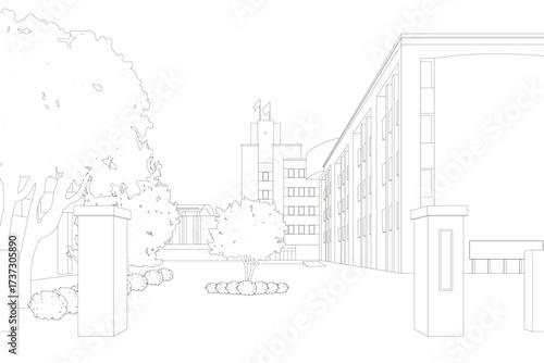 line drawing of a school entrance area, showing the building, gate posts, and landscaping