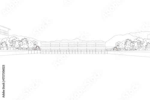 outline drawing of a school building and grounds with mountains in the background