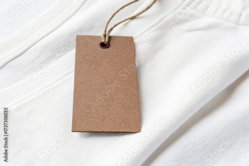 Blank kraft paper tag hanging on white cloth, mockup