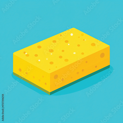 Isometric illustration of a yellow sponge with holes, casting a shadow on a blue background.