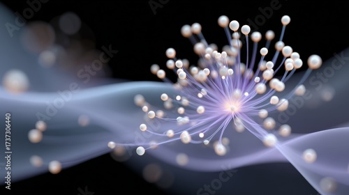 Abstract digital art of glowing purple fiber optic light structure on black background