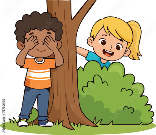 Children playing hide and seek in a park, one covering eyes while the other peeks from behind a bush, creating a playful and joyful scene.