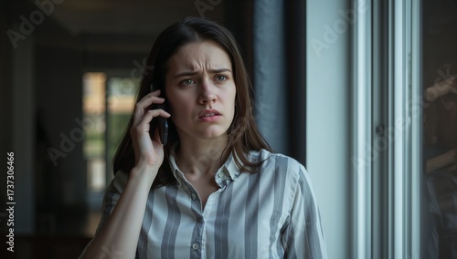 Anxious young woman receiving upsetting news during a phone call indoors by a window